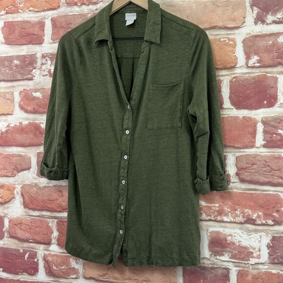 Chicos Shirt Womens Large 2 Green 100% Linen Casual Stretchy Pocketed Shirt - Picture 3 of 9